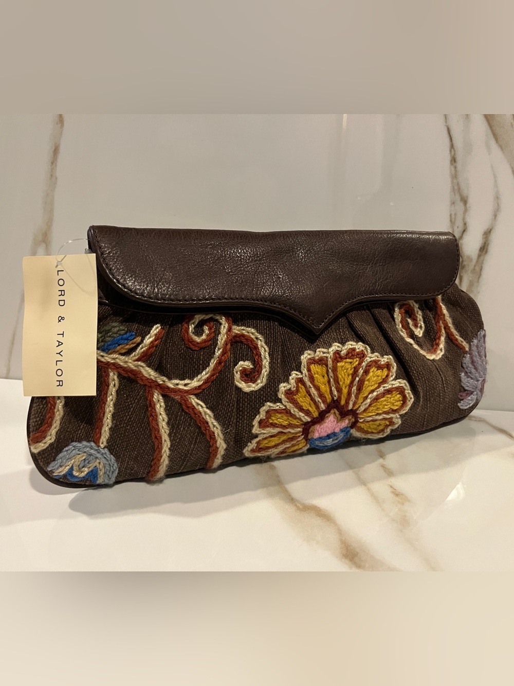 Lord & Taylor Brown Embroidered Floral Fold-Over Clutch